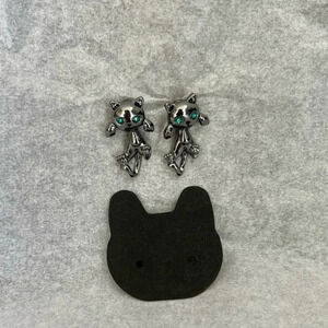 Cute Adjustable Hanging Cat Earrings Gunmetal with Emerald Eyes